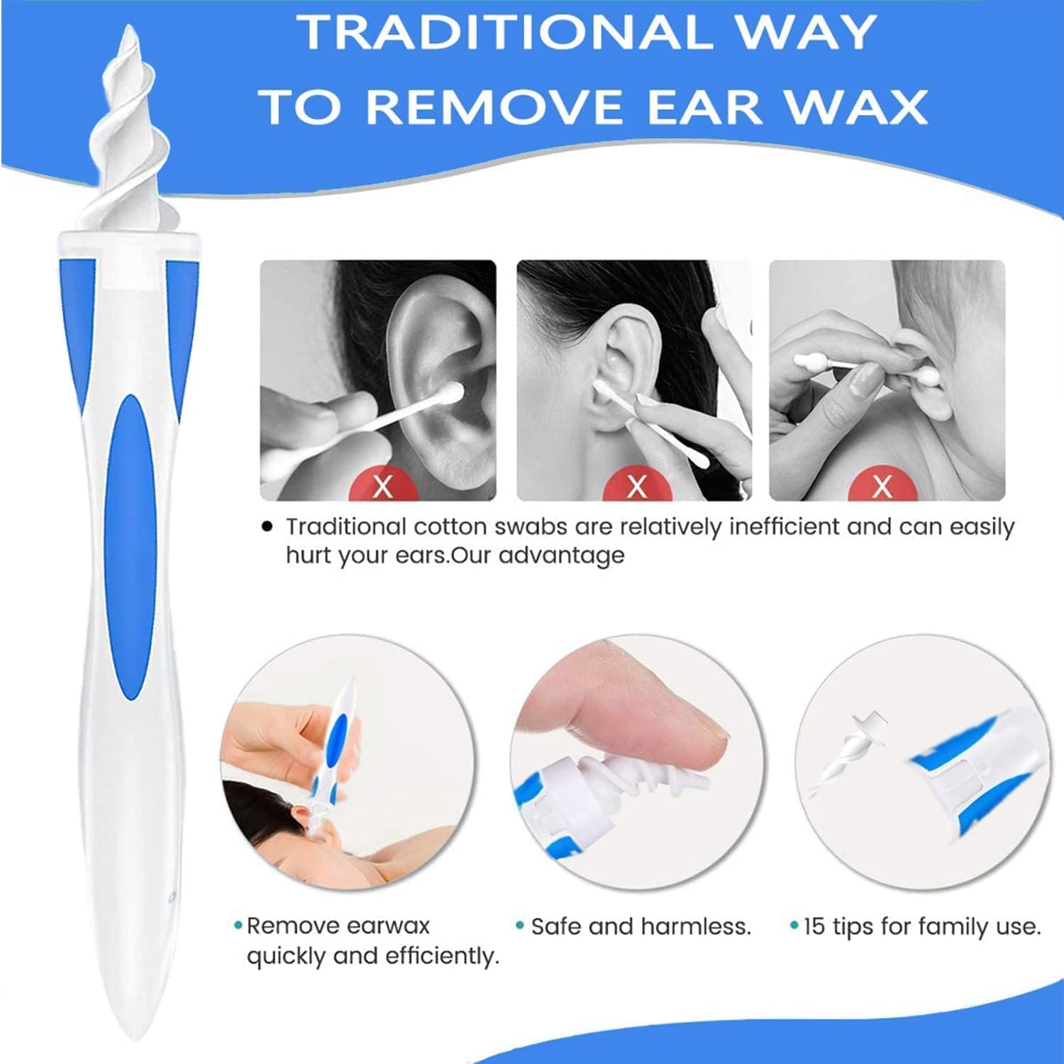 Ear Wax Remover, Q Grips Earwax Removal-Spiral Ear Wax Removal Tool, Reusable Earwax Removal Kit Safe Ear Cleaner with Soft and Flexible Replacement