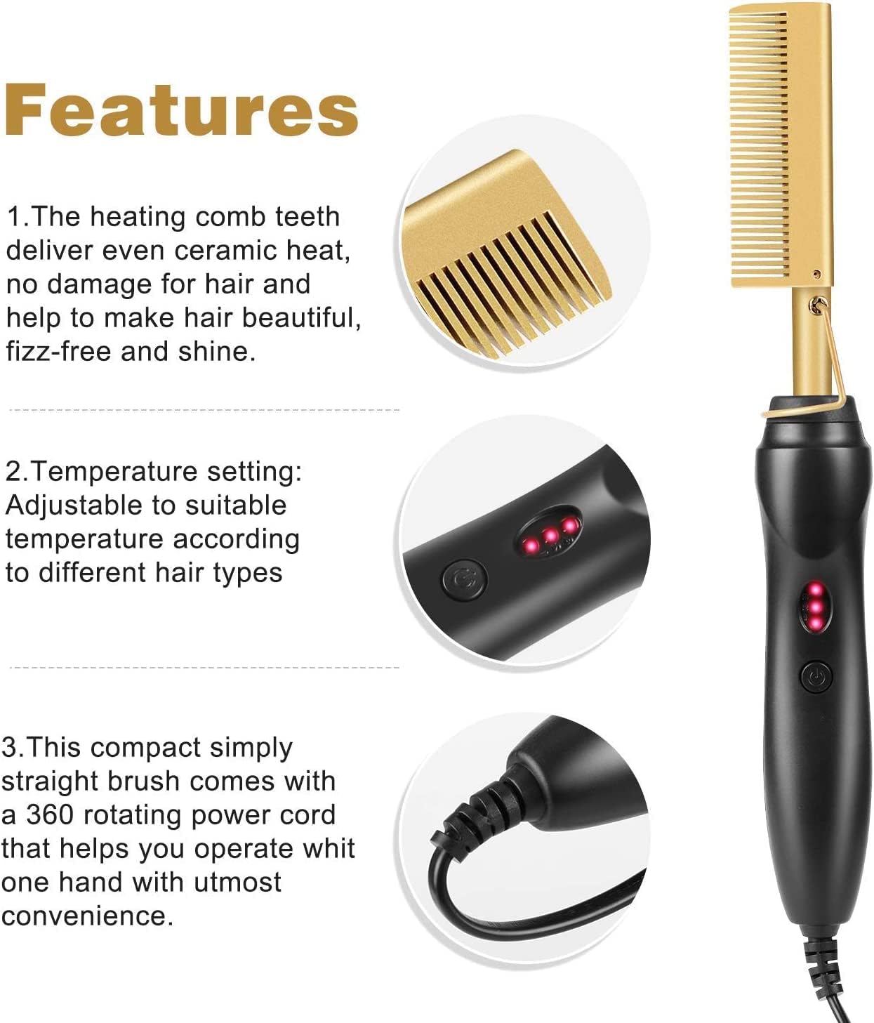 Electric Hot Comb, Hair Straightener for Wig, 3 Grades Temperature Straightening Brush for Thick Afro Hair, Beard, Hot Anti-Scald Portable Curling Flat Iron, Salon for Home