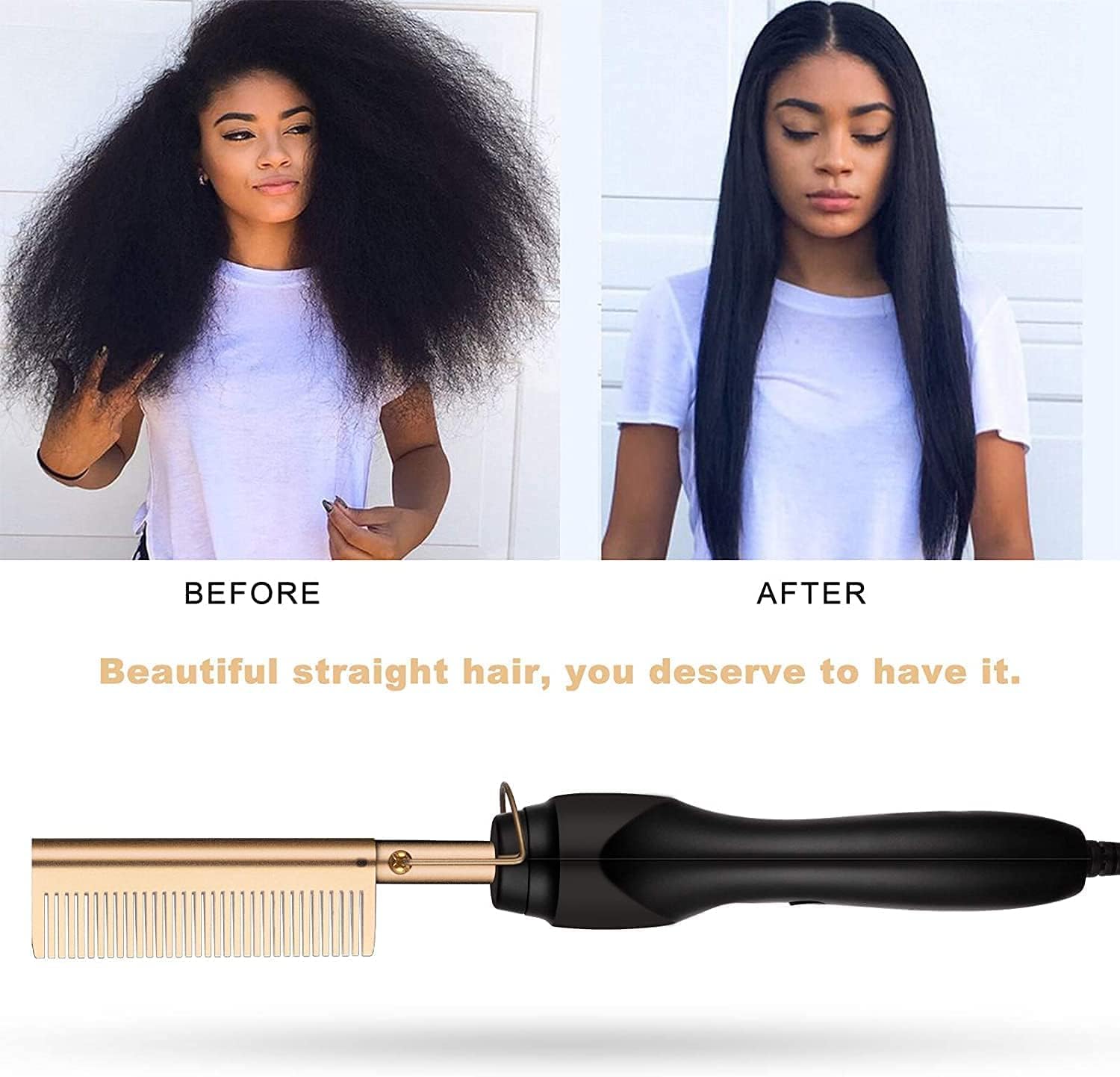 Electric Hot Comb, Hair Straightener for Wig, 3 Grades Temperature Straightening Brush for Thick Afro Hair, Beard, Hot Anti-Scald Portable Curling Flat Iron, Salon for Home