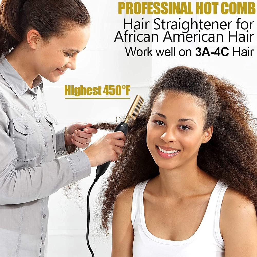 Electric Hot Comb, Hair Straightener for Wig, 3 Grades Temperature Straightening Brush for Thick Afro Hair, Beard, Hot Anti-Scald Portable Curling Flat Iron, Salon for Home