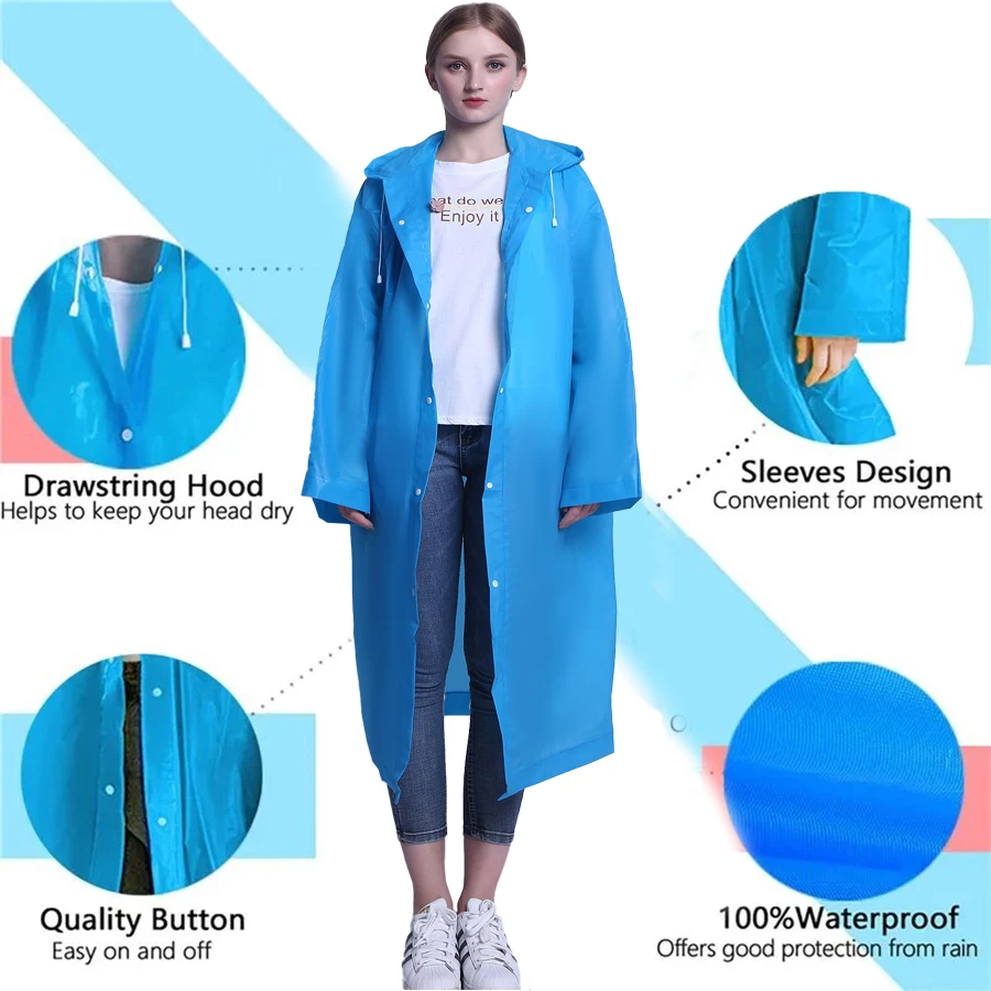 Waterproof Rain jacket with hood, 1 Pc Reusable Rain Cape Portable Raincoat for Women and Men, Rain Poncho Adults with Caps Raincoat for Concert Festival Walking Tours, Black, One size plus