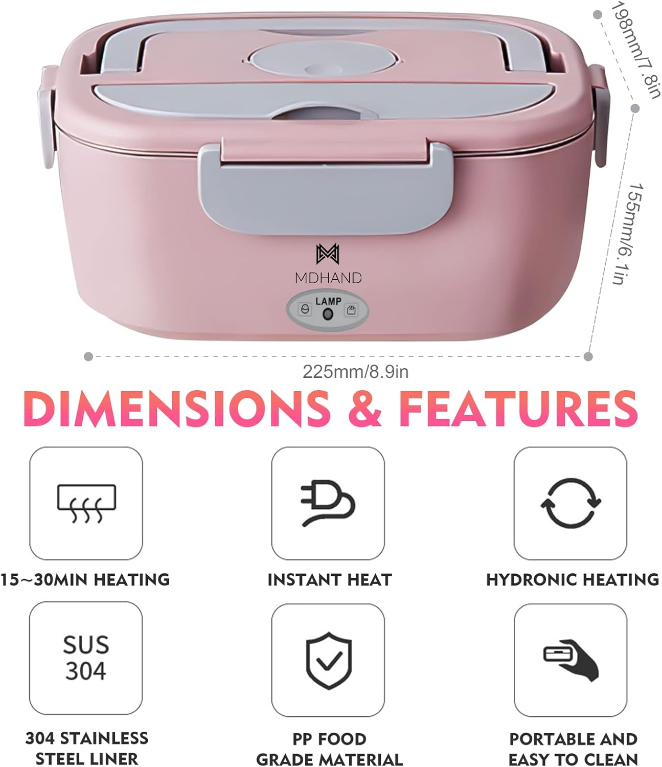 Electric Lunch Box Food Heater 60W, Portable Food Warmer Self Heating Lunch Box,110V Heated Lunch Box for Adults Car/Truck/Work, 1.5L Removable 304 SS Container
