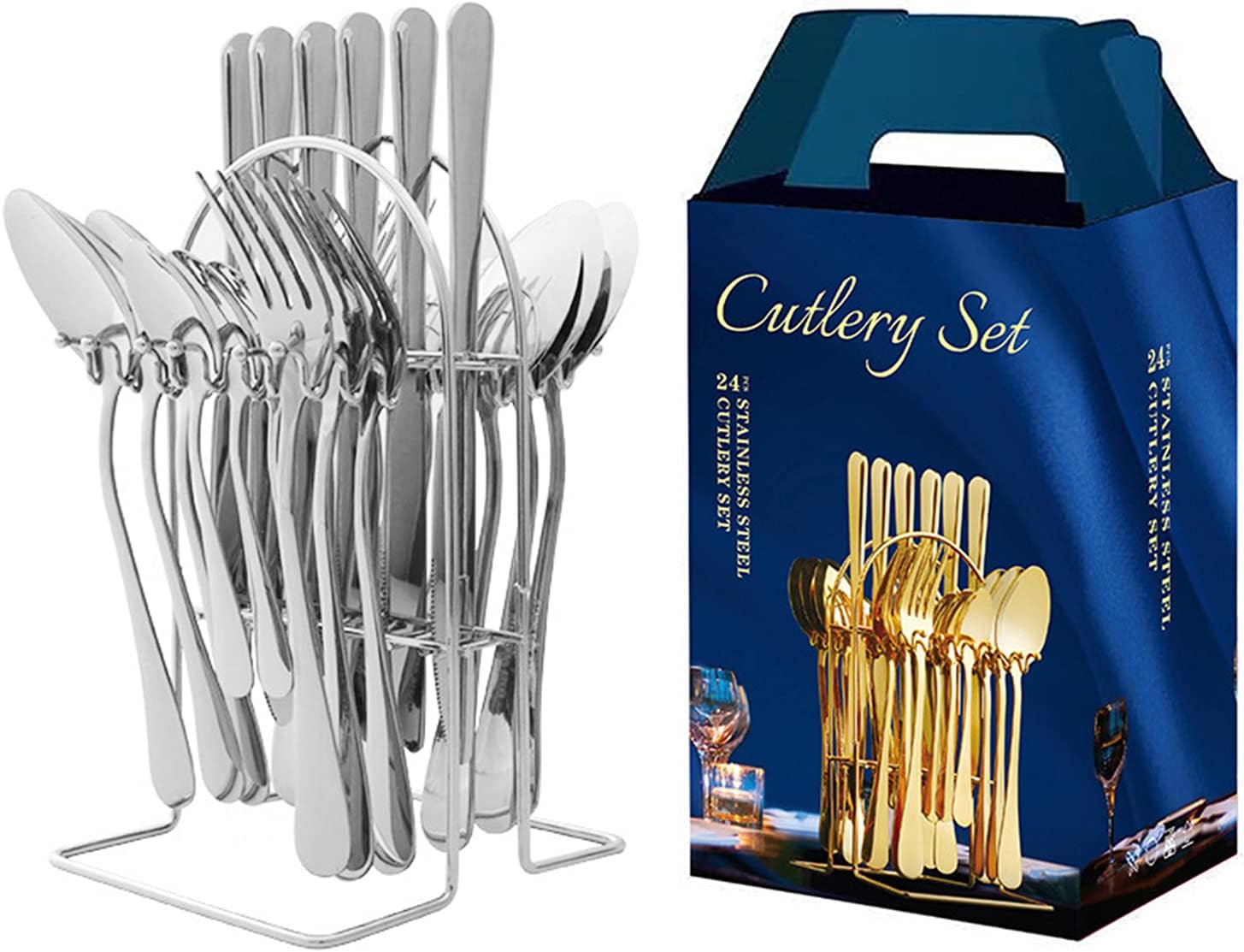 Cutlery Set for 6 People, 24-Piece Cutlery Set, Stainless Steel, Mirror Polished Cutlery with Knife, Fork, Spoon, Teaspoon, for Restaurant, Party, Wedding, Dishwasher Safe