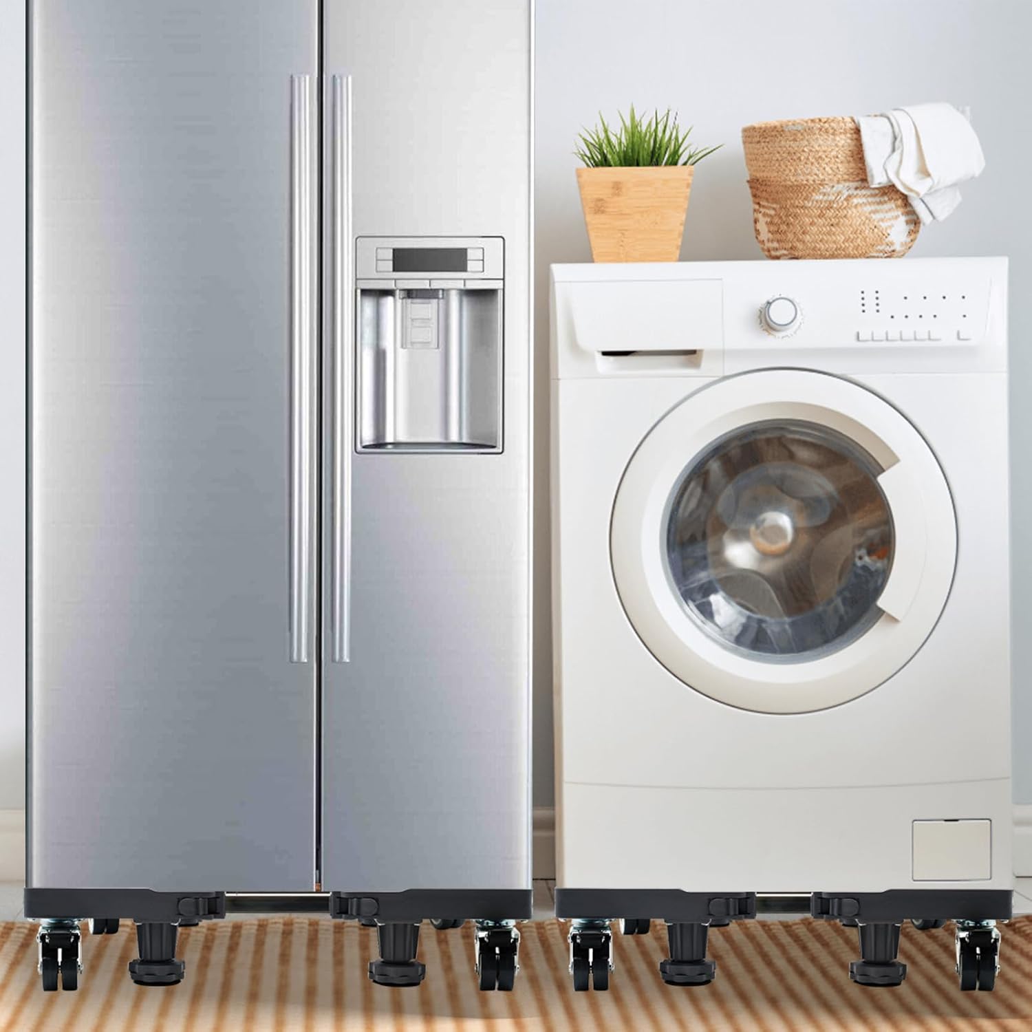 Fridge Stand Mobile Base with Double Pipes 4 Locking Wheels 4 Strong Feet, Adjustable Furniture Dolly for Washer Dryer Washing Machine Stand Pedestal, Refrigerator