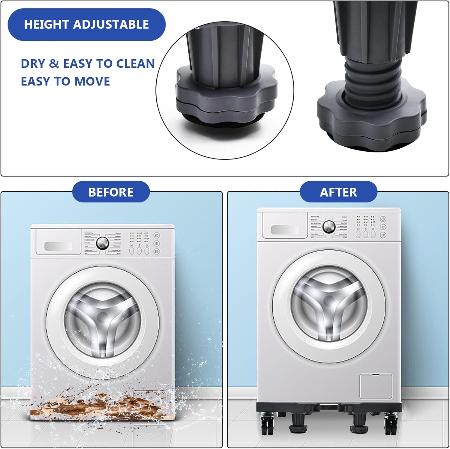 Fridge Stand Mobile Base with Double Pipes 4 Locking Wheels 4 Strong Feet, Adjustable Furniture Dolly for Washer Dryer Washing Machine Stand Pedestal, Refrigerator