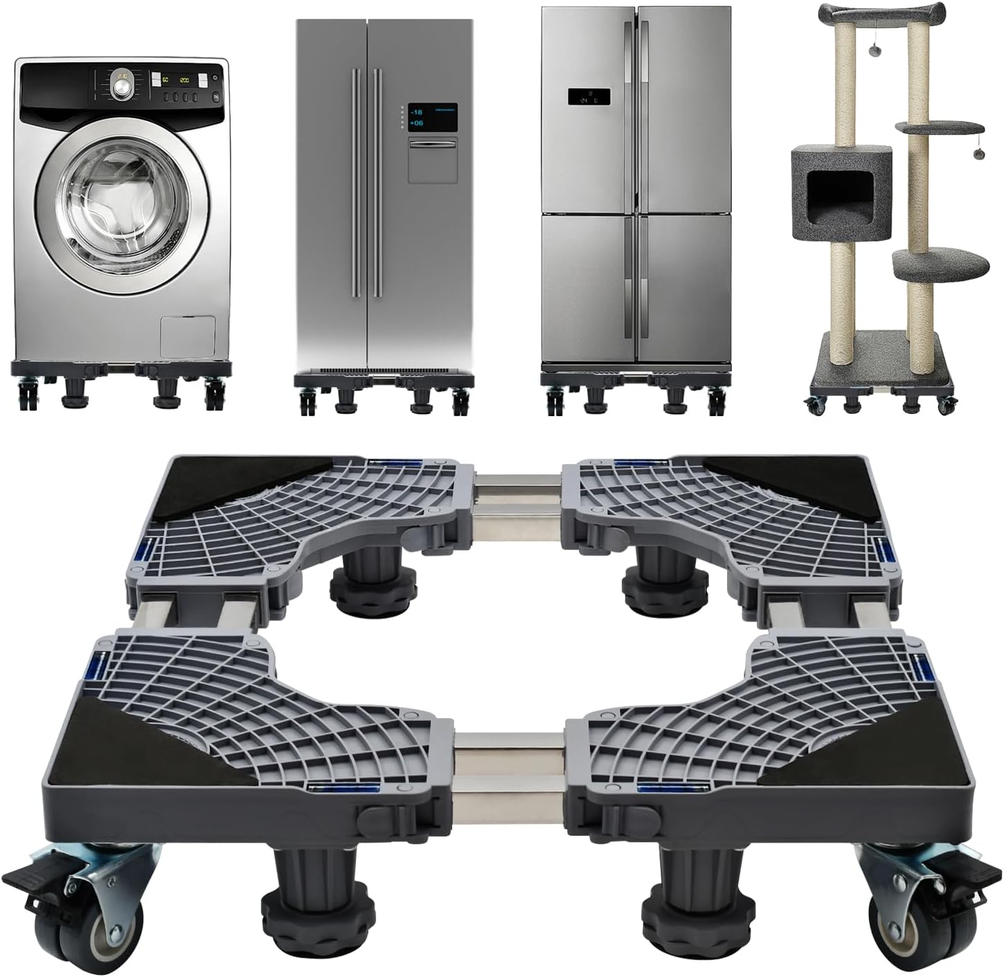 Fridge Stand Mobile Base with Double Pipes 4 Locking Wheels 4 Strong Feet, Adjustable Furniture Dolly for Washer Dryer Washing Machine Stand Pedestal, Refrigerator