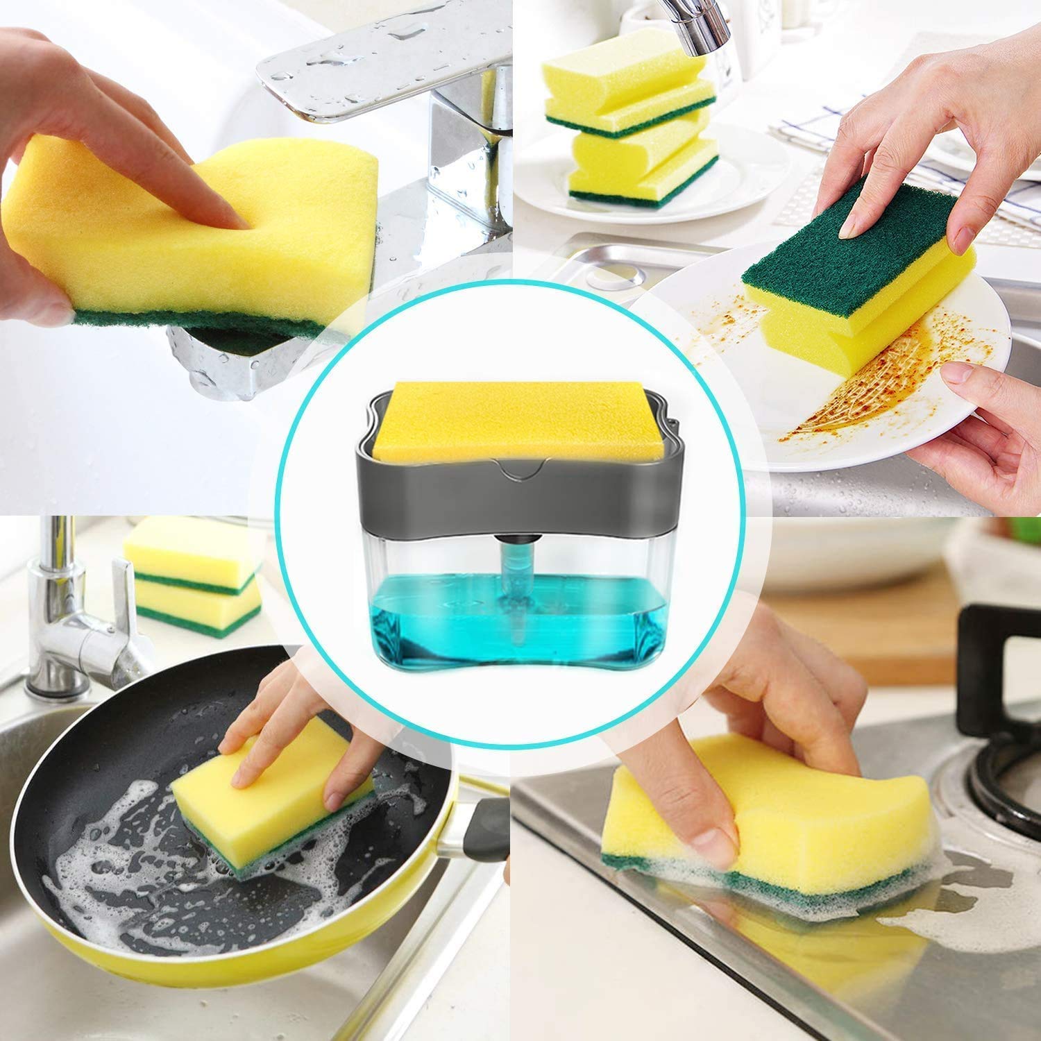 Soap Pump Dispenser and Sponge Holder, Kitchen Dish Soap Dispenser Sponge Holder 2-in-1, Good Grips Soap Dispensing Sponge Holder