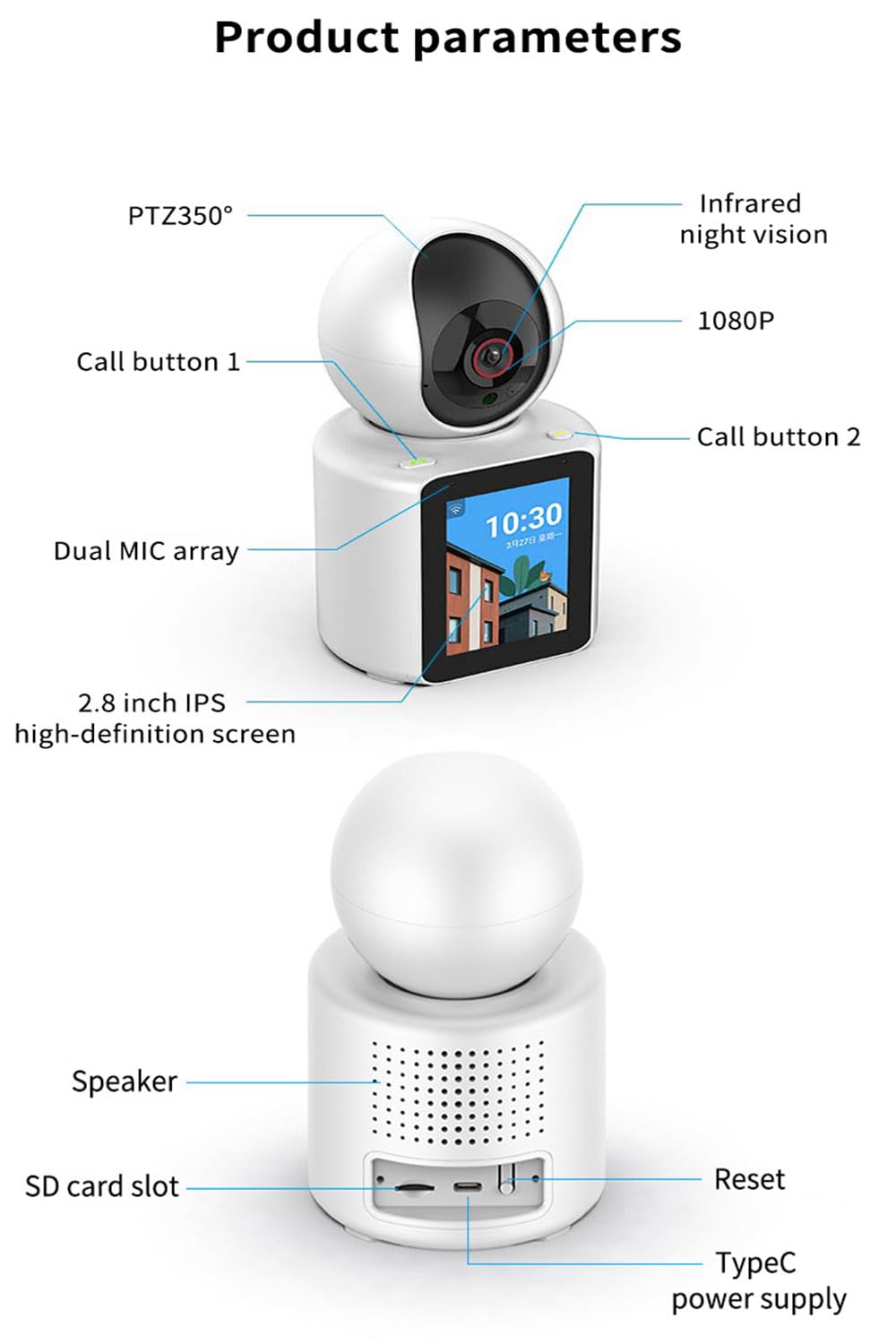 Indoor Security Camera 1080P Full HD WIFI Video Calling PT Camera, AI Auto Tracking,2.8inch HD Display and two-way video calling, Human/Pet AI Ideal for Baby Monitor/Pet Camera/Home Security