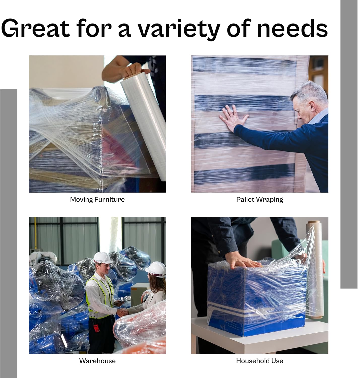 Stretch Wrap,  90 Gauge, Clear Plastic Cling, Blown Hand Stretch Film Rolls for Packaging Moving Packing Pallets  approximately 350M