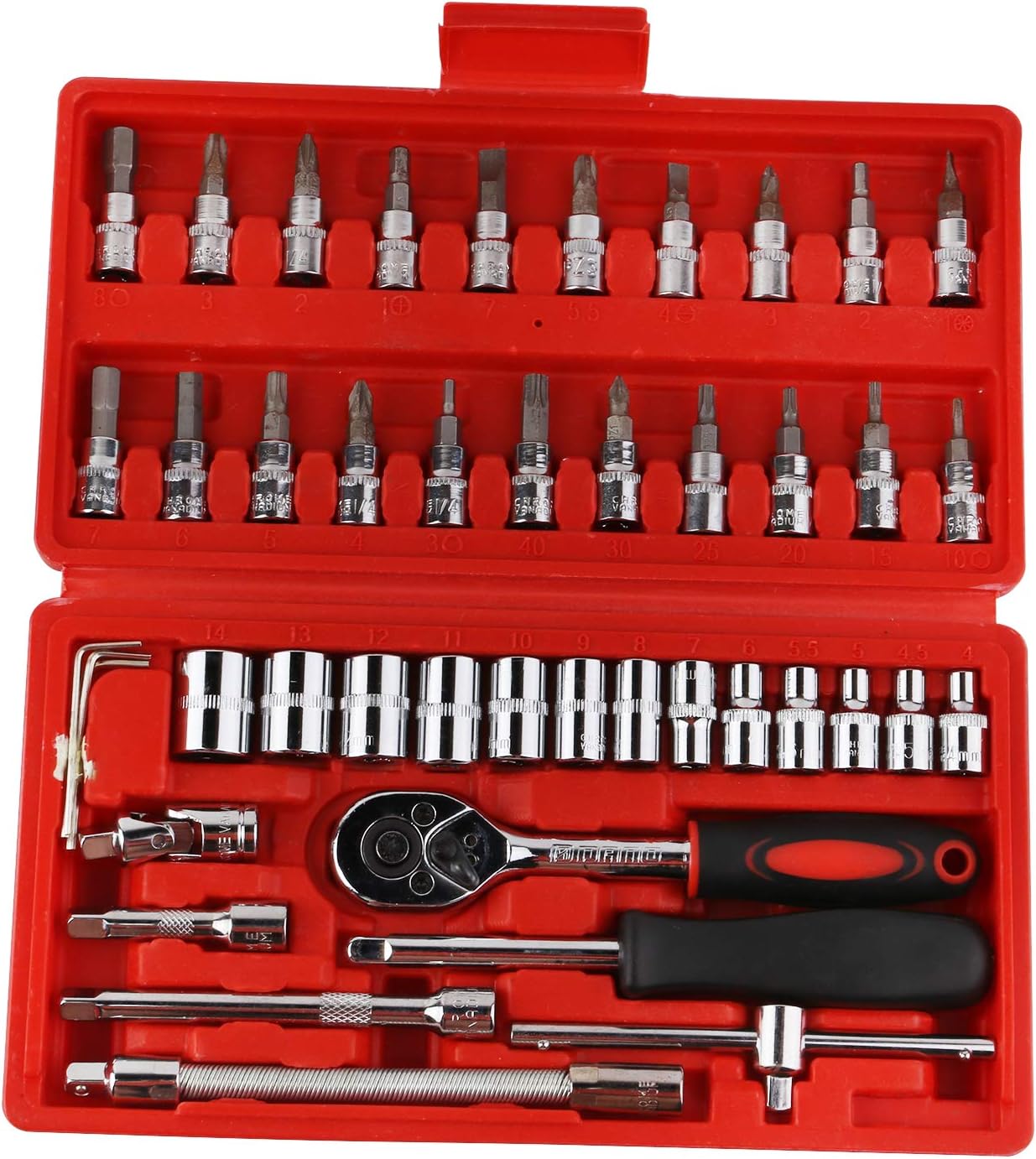 46pcs 1/4-Inch Screwdriver Socket Bit Ratchet Wrench Combination Tools Kit with Extension Bar and Storage Case for for Auto Repairing and Household
