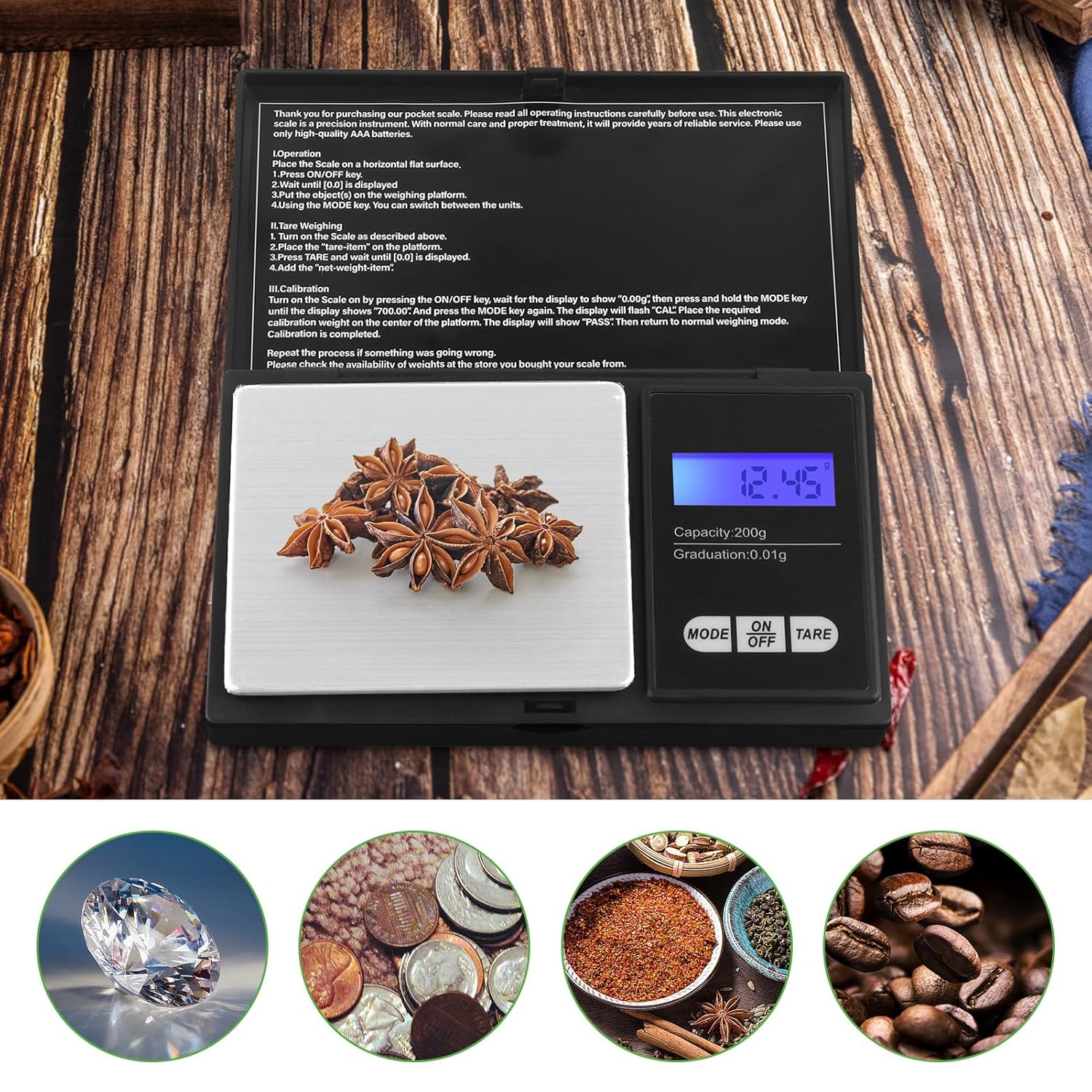 Digital Gram Scale, 200g X 0.01g Pocket Digital Scale LCD Display Screen Portable Kitchen Scale Small Pocket Scale Mini Jewelry Scale Kitchen Tool for Food Jewelry Gold Silver