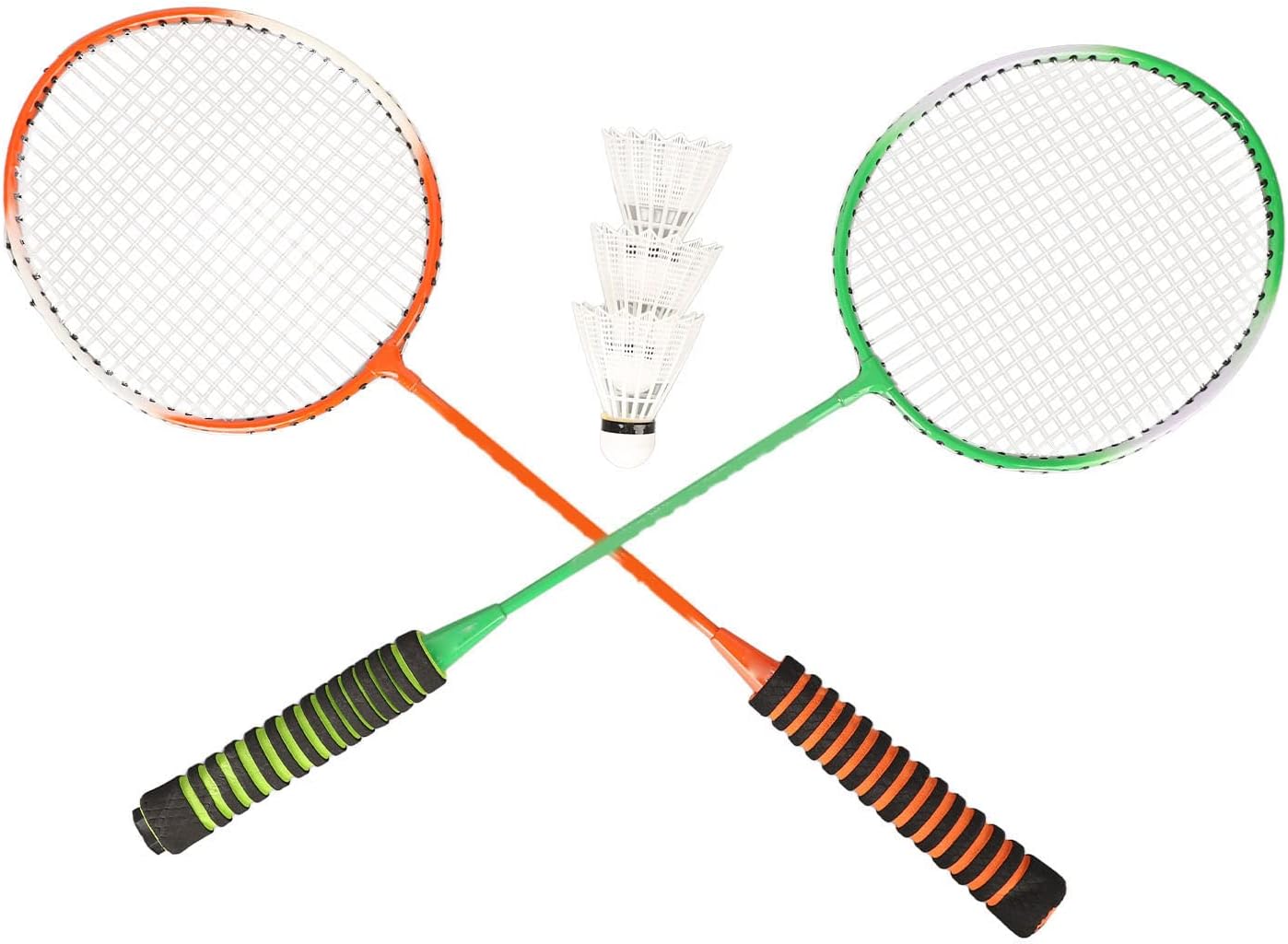 Badminton Racket Shuttlecock Set, Steel Alloy Badminton Set Comfortable Grip Non-slip Orange and Green High Elastic Sponge for Gym, 2 rackets and 3 shuttlecock