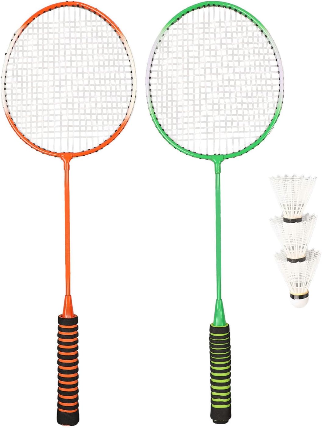 Badminton Racket Shuttlecock Set, Steel Alloy Badminton Set Comfortable Grip Non-slip Orange and Green High Elastic Sponge for Gym, 2 rackets and 3 shuttlecock