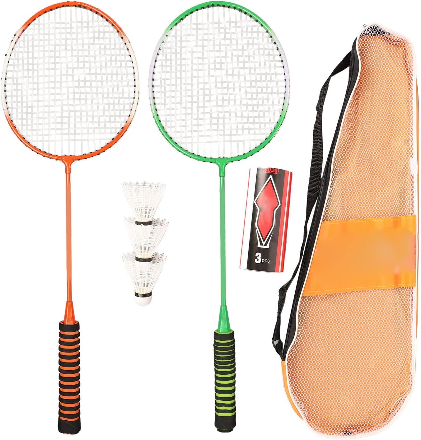 Badminton Racket Shuttlecock Set, Steel Alloy Badminton Set Comfortable Grip Non-slip Orange and Green High Elastic Sponge for Gym, 2 rackets and 3 shuttlecock