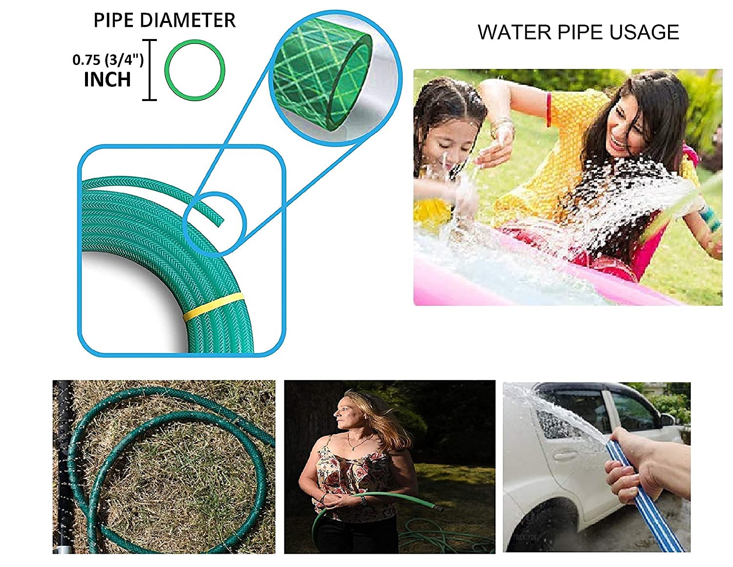 3/4"Inch (19mm) Green,3 Layered Heavy Duty Braided Water Hose Pipe for Watering Easy to Connect, Garden, Car Wash, Floor Clean, Pet Bath 10 Year Replacement guarantee