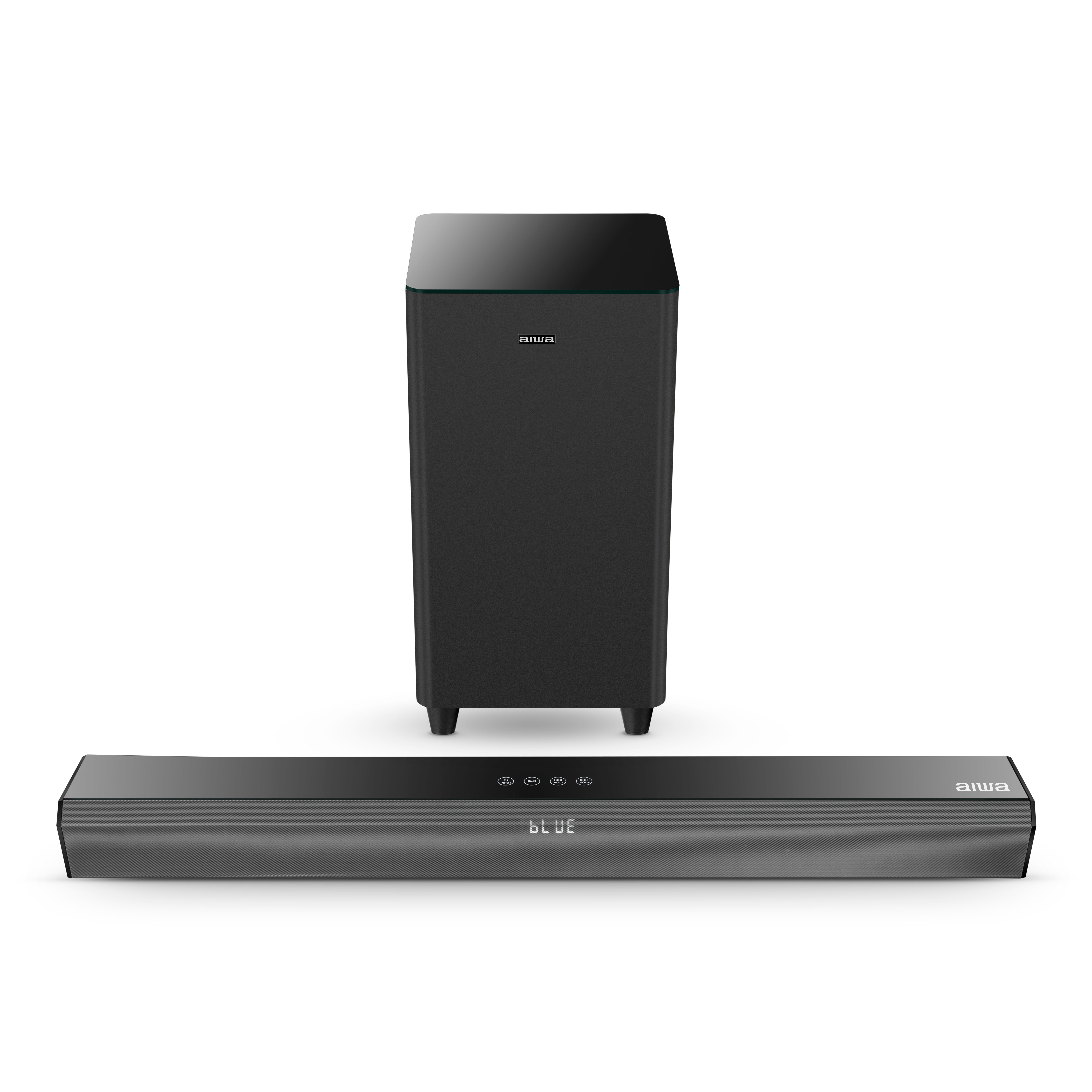 Aiwa Sound Bar System SB8320 and its 450 Watts AIWA Signature Sound. With
a 4.1 Channel Sound and a WIRELESS subwoofer, this home theatre will give you theatre-like watching
experience,