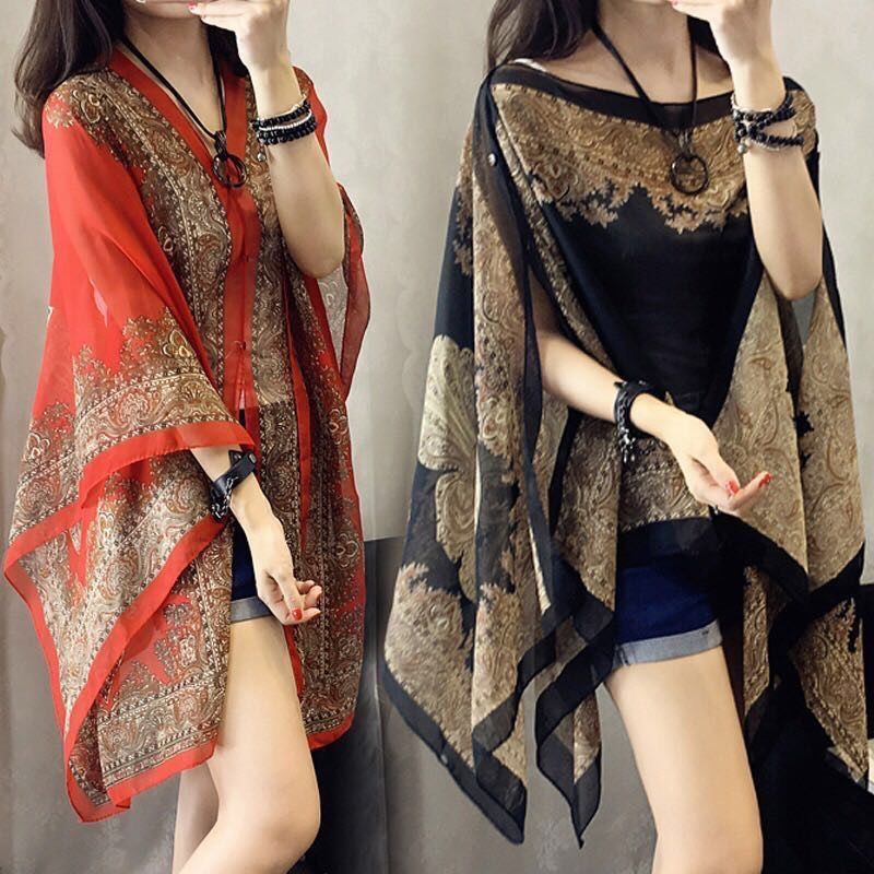 New summer sun protection clothing for women, with a trendy style and shoulder leakage. Chiffon printed jacket, with a famous ethnic style, paired with a shawl and thin silk scarf