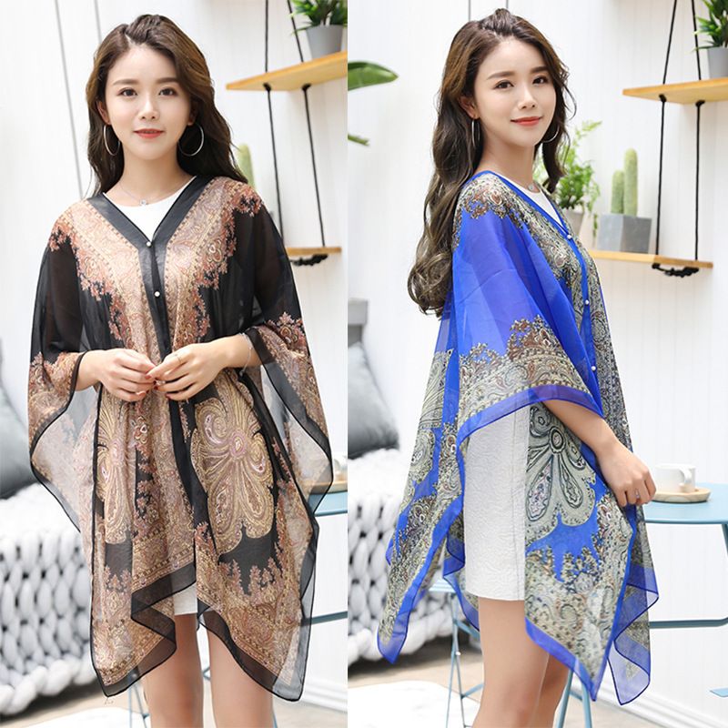 New summer sun protection clothing for women, with a trendy style and shoulder leakage. Chiffon printed jacket, with a famous ethnic style, paired with a shawl and thin silk scarf