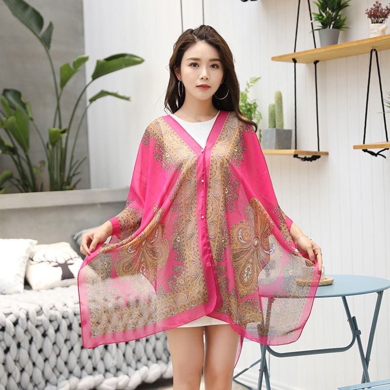 New summer sun protection clothing for women, with a trendy style and shoulder leakage. Chiffon printed jacket, with a famous ethnic style, paired with a shawl and thin silk scarf