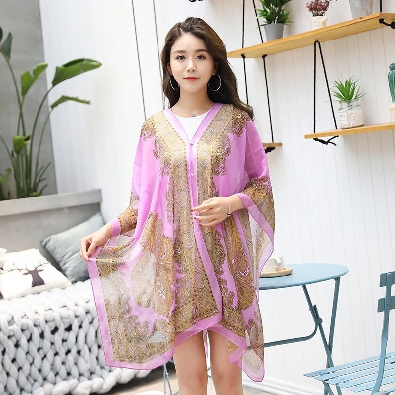 New summer sun protection clothing for women, with a trendy style and shoulder leakage. Chiffon printed jacket, with a famous ethnic style, paired with a shawl and thin silk scarf