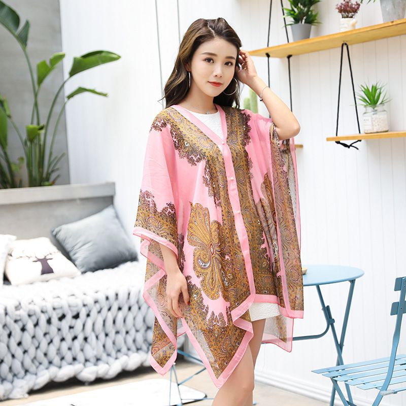 New summer sun protection clothing for women, with a trendy style and shoulder leakage. Chiffon printed jacket, with a famous ethnic style, paired with a shawl and thin silk scarf