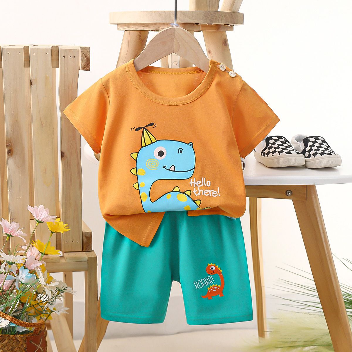 Children's short sleeved shorts set pure cotton boys' T-shirt baby summer children's clothing girls' shorts baby clothes summer clothing