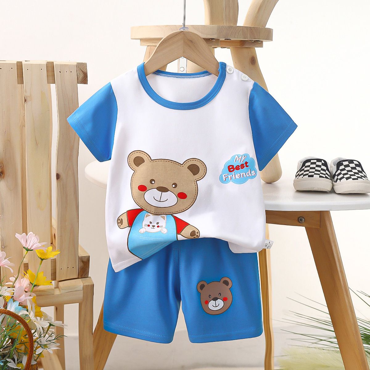 Children's short sleeved shorts set pure cotton boys' T-shirt baby summer children's clothing girls' shorts baby clothes summer clothing