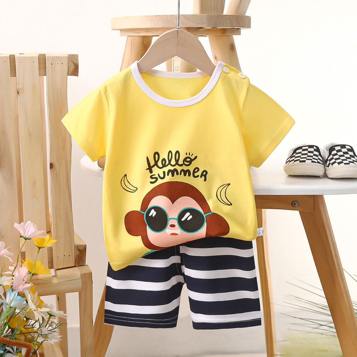 Children's short sleeved shorts set pure cotton boys' T-shirt baby summer children's clothing girls' shorts baby clothes summer clothing