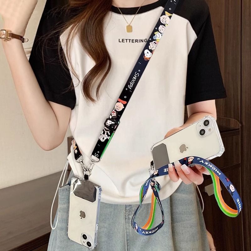 Mobile phone lanyard with a crossbody strap, back chain clip, pendant holder, key strap, phone case hanger, cushion pad for hanging chain, decorative hanger, and neck strap