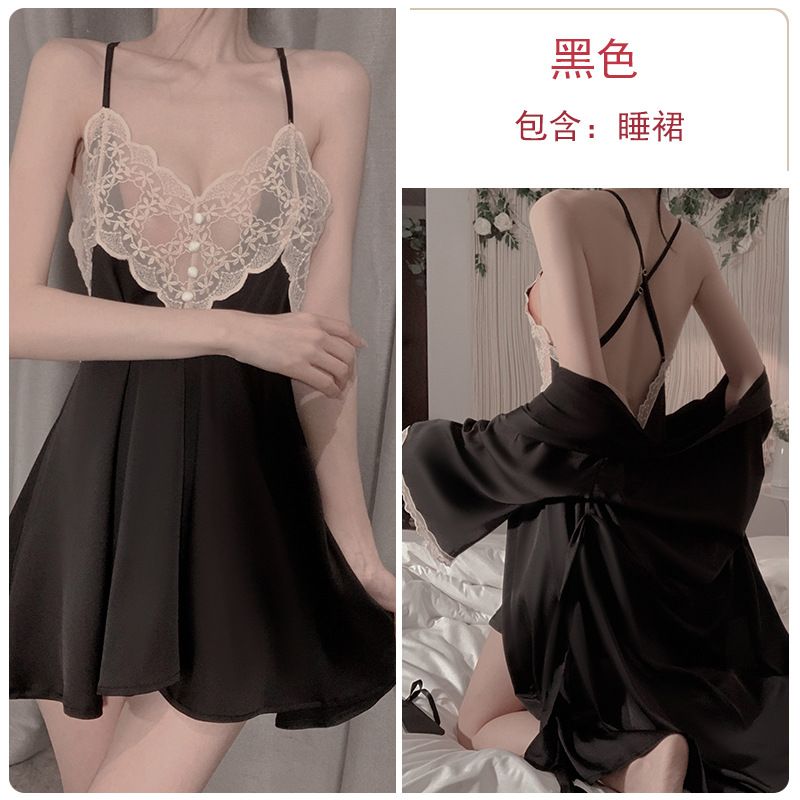 Sexy Slimming Backless Ruffled Comfortable Loose Fit Women's Solid Color Spaghetti Strap Slip + Wrap Kimono Robe Pajama Sleepwear Loungewear Set
