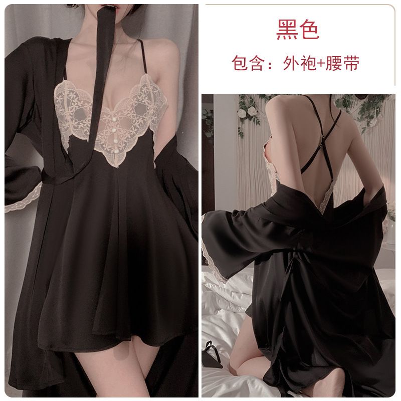 Sexy Slimming Backless Ruffled Comfortable Loose Fit Women's Solid Color Spaghetti Strap Slip + Wrap Kimono Robe Pajama Sleepwear Loungewear Set