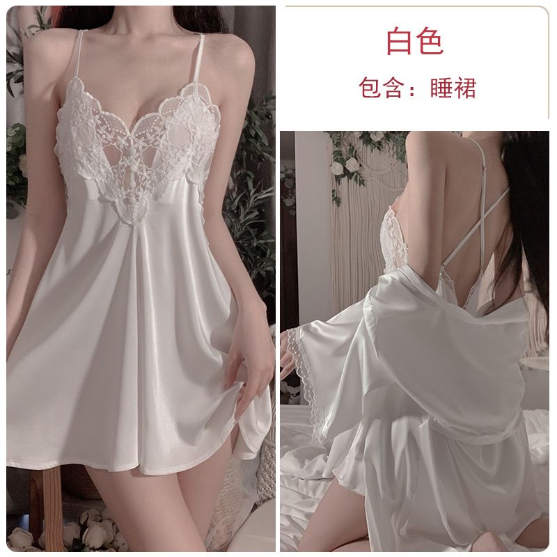 Sexy Slimming Backless Ruffled Comfortable Loose Fit Women's Solid Color Spaghetti Strap Slip + Wrap Kimono Robe Pajama Sleepwear Loungewear Set