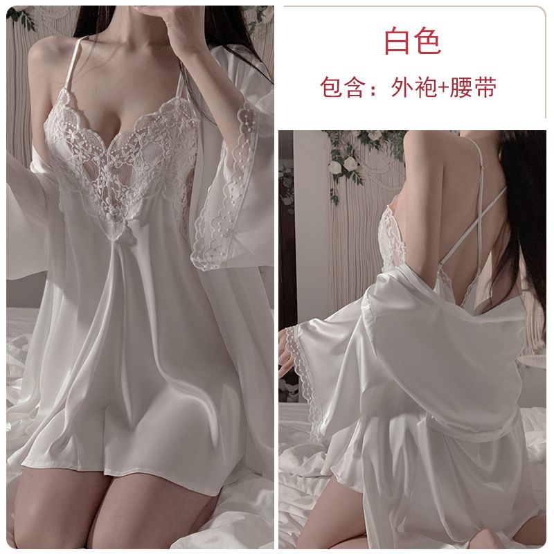 Sexy Slimming Backless Ruffled Comfortable Loose Fit Women's Solid Color Spaghetti Strap Slip + Wrap Kimono Robe Pajama Sleepwear Loungewear Set