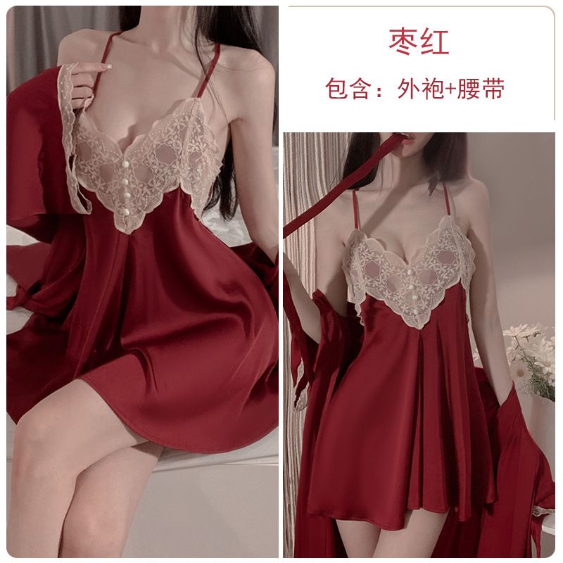 Sexy Slimming Backless Ruffled Comfortable Loose Fit Women's Solid Color Spaghetti Strap Slip + Wrap Kimono Robe Pajama Sleepwear Loungewear Set
