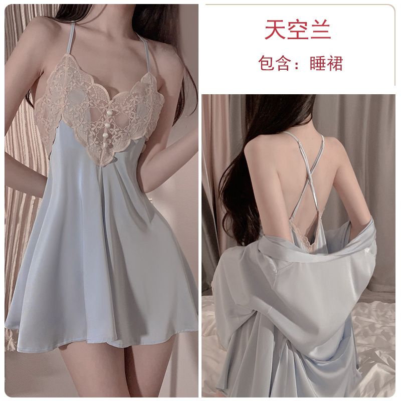 Sexy Slimming Backless Ruffled Comfortable Loose Fit Women's Solid Color Spaghetti Strap Slip + Wrap Kimono Robe Pajama Sleepwear Loungewear Set