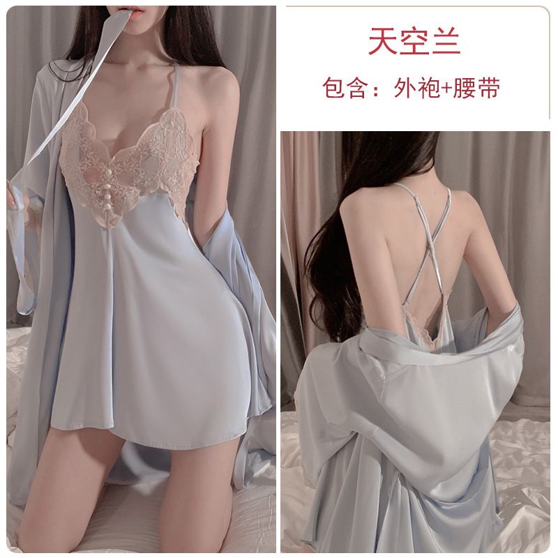 Sexy Slimming Backless Ruffled Comfortable Loose Fit Women's Solid Color Spaghetti Strap Slip + Wrap Kimono Robe Pajama Sleepwear Loungewear Set