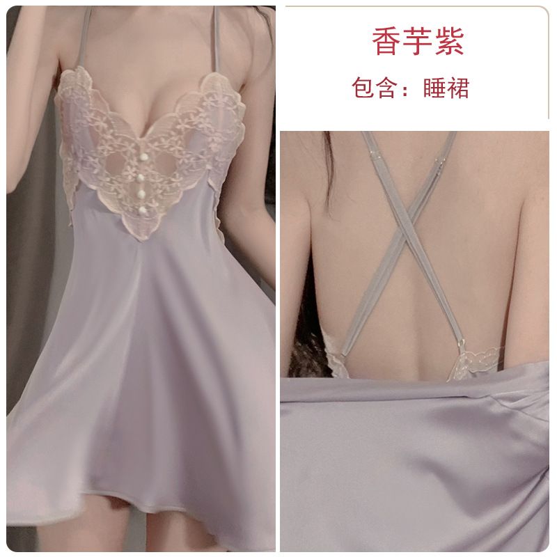 Sexy Slimming Backless Ruffled Comfortable Loose Fit Women's Solid Color Spaghetti Strap Slip + Wrap Kimono Robe Pajama Sleepwear Loungewear Set