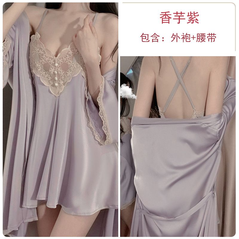 Sexy Slimming Backless Ruffled Comfortable Loose Fit Women's Solid Color Spaghetti Strap Slip + Wrap Kimono Robe Pajama Sleepwear Loungewear Set