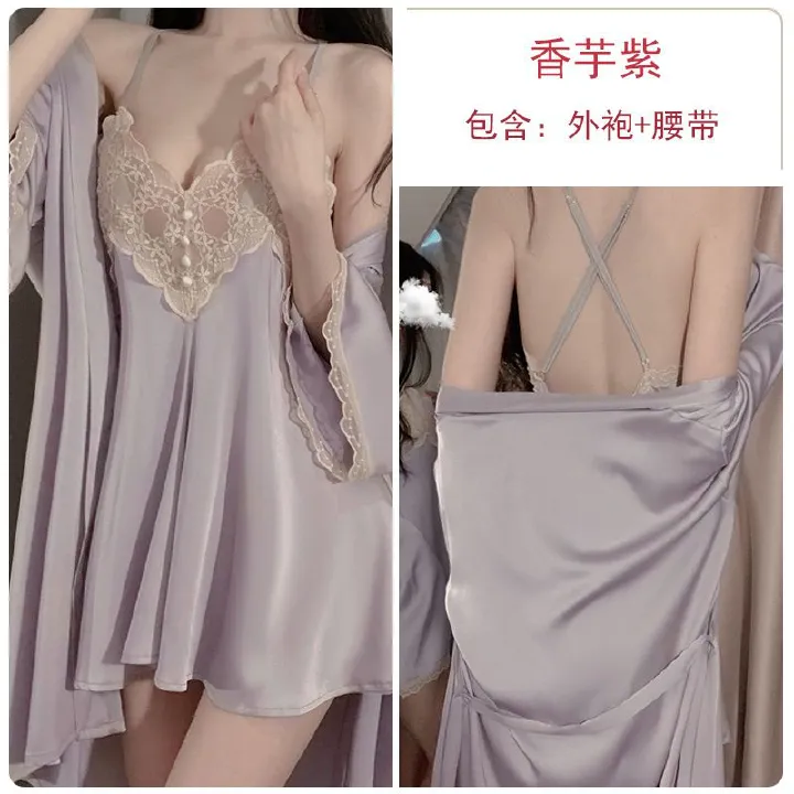 Sexy Slimming Backless Ruffled Comfortable Loose Fit Women's Solid Color Spaghetti Strap Slip + Wrap Kimono Robe Pajama Sleepwear Loungewear Set
