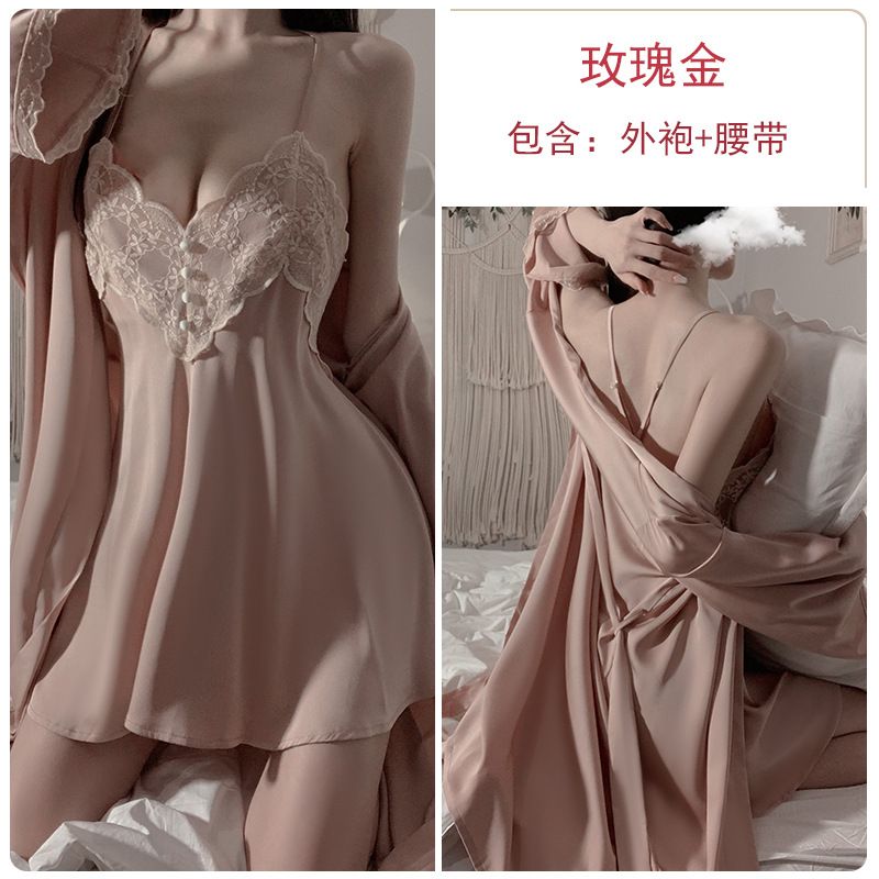 Sexy Slimming Backless Ruffled Comfortable Loose Fit Women's Solid Color Spaghetti Strap Slip + Wrap Kimono Robe Pajama Sleepwear Loungewear Set