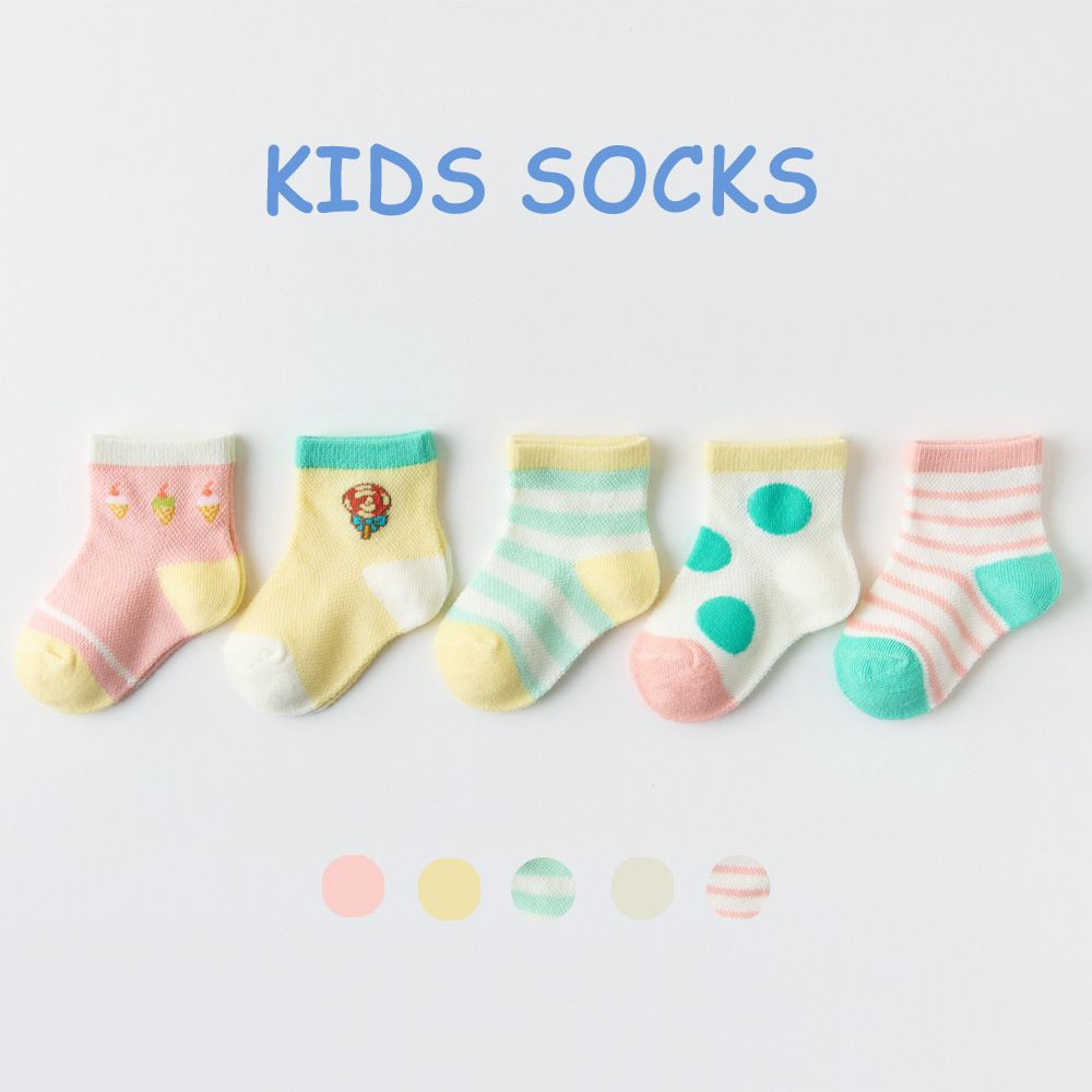 A-class spring and summer mesh breathable middle tube cotton children's socks, baby socks cartoon cute 5 pairs set Combed cotton