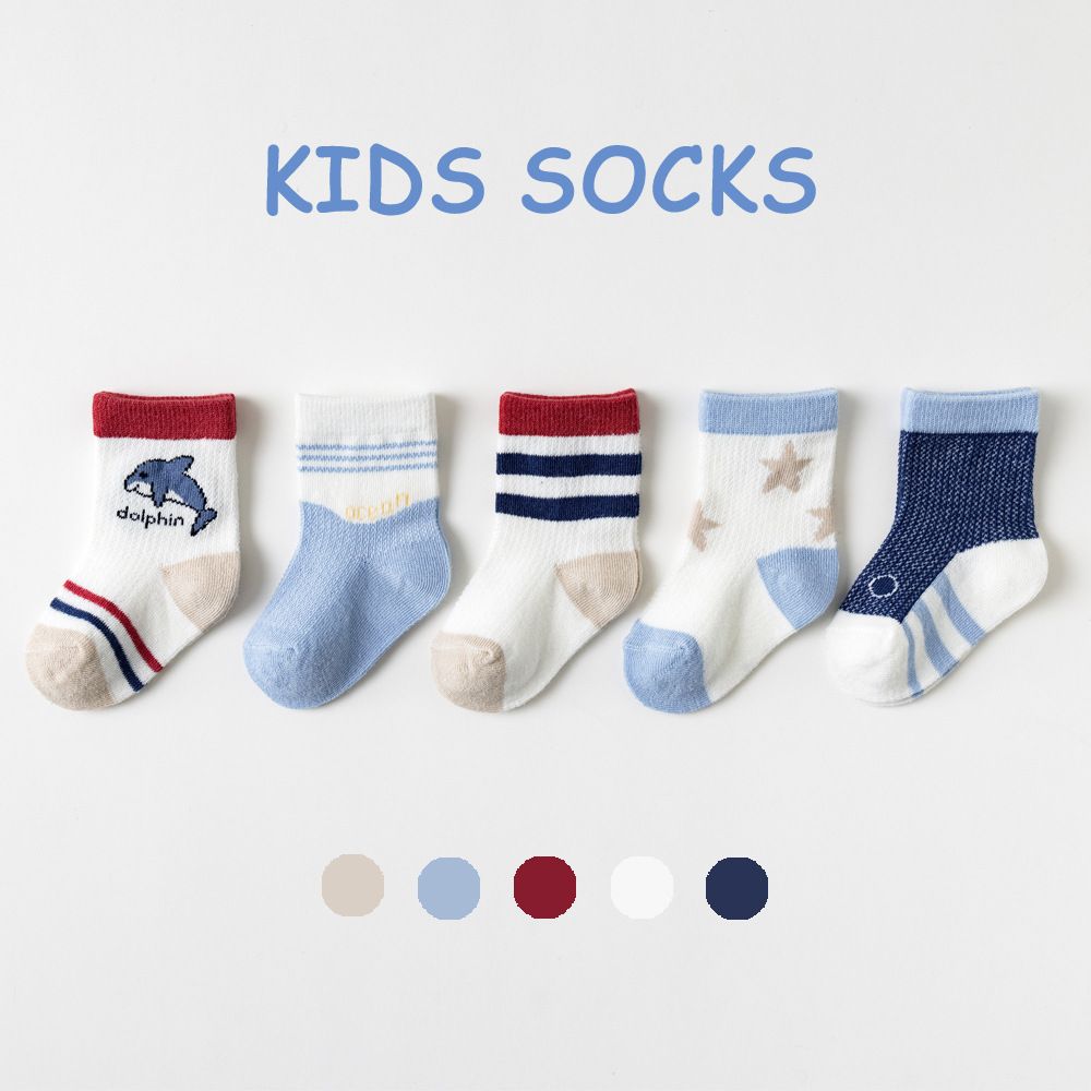 A-class spring and summer mesh breathable middle tube cotton children's socks, baby socks cartoon cute 5 pairs set Combed cotton