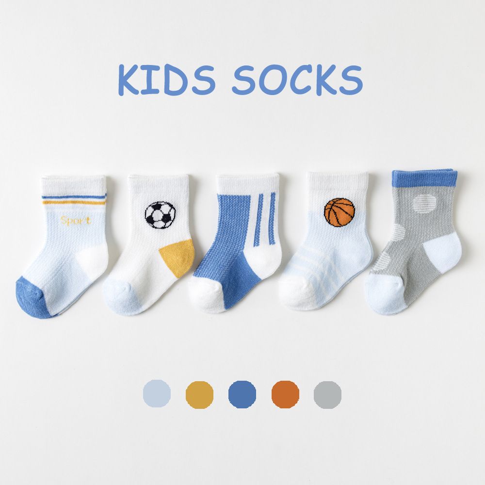 A-class spring and summer mesh breathable middle tube cotton children's socks, baby socks cartoon cute 5 pairs set Combed cotton