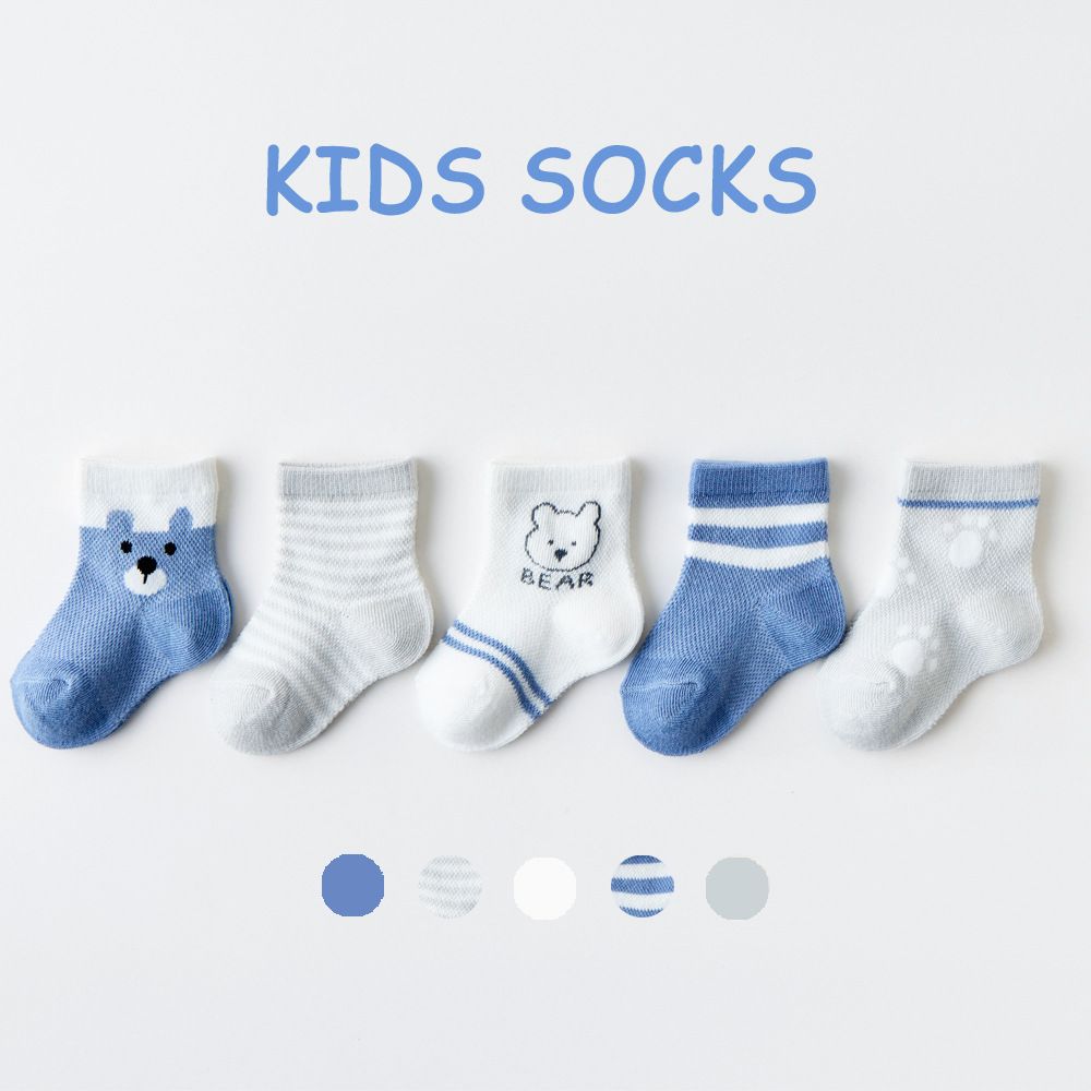 A-class spring and summer mesh breathable middle tube cotton children's socks, baby socks cartoon cute 5 pairs set Combed cotton