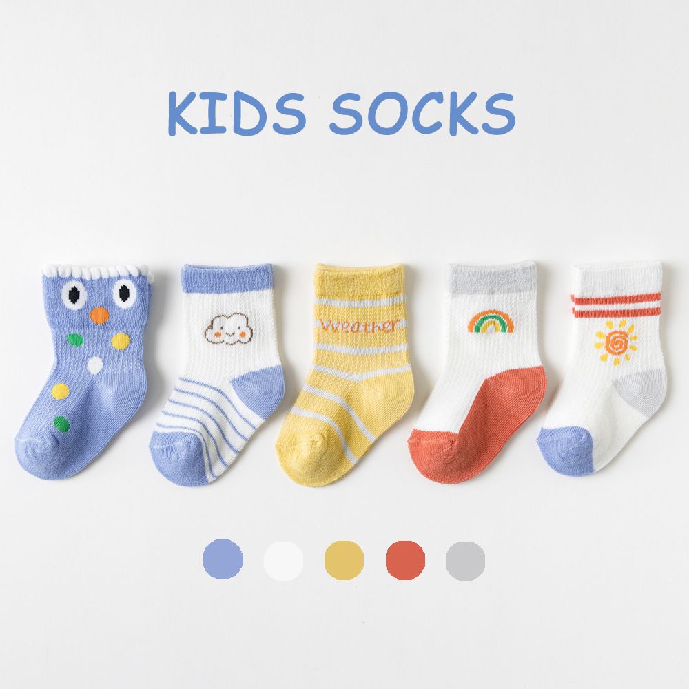 A-class spring and summer mesh breathable middle tube cotton children's socks, baby socks cartoon cute 5 pairs set Combed cotton