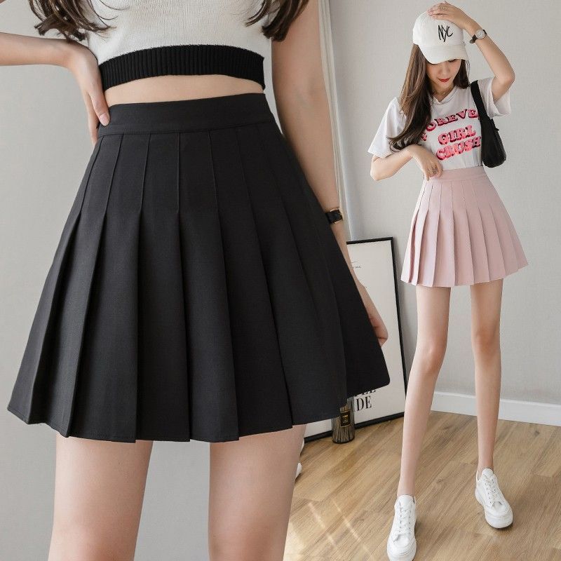 Four season short skirt, women's pleated skirt, A-line skirt, half body skirt (extended length+safety pants+zipper+button)