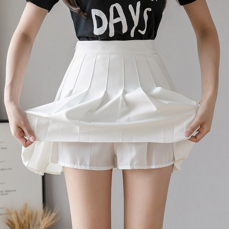 Four season short skirt, women's pleated skirt, A-line skirt, half body skirt (extended length+safety pants+zipper+button)