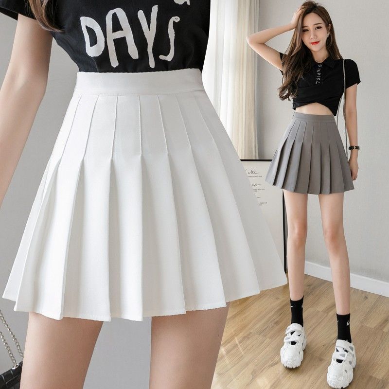 Four season short skirt, women's pleated skirt, A-line skirt, half body skirt (extended length+safety pants+zipper+button)