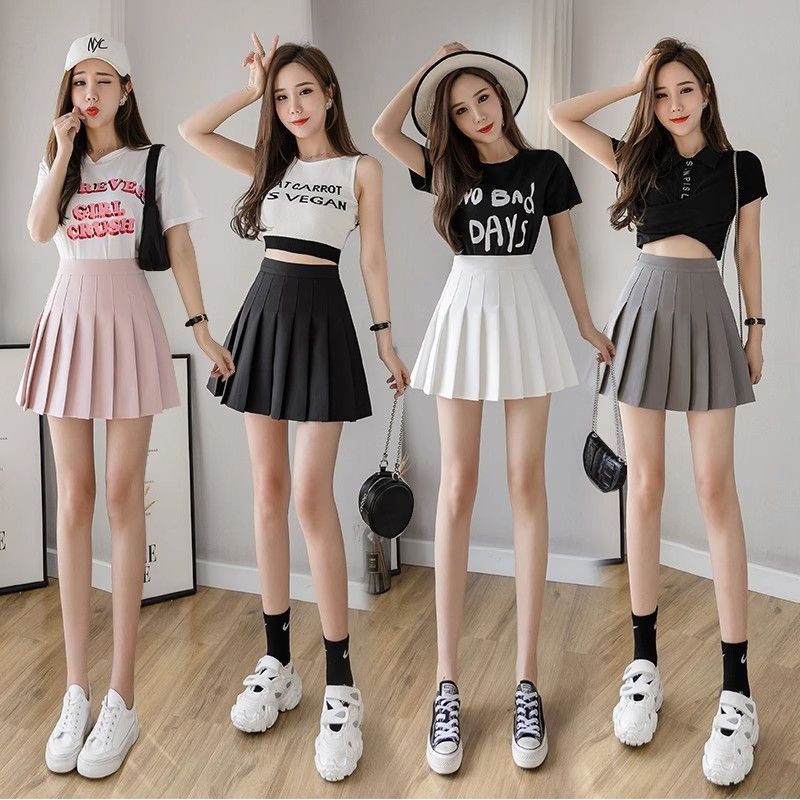 Four season short skirt, women's pleated skirt, A-line skirt, half body skirt (extended length+safety pants+zipper+button)