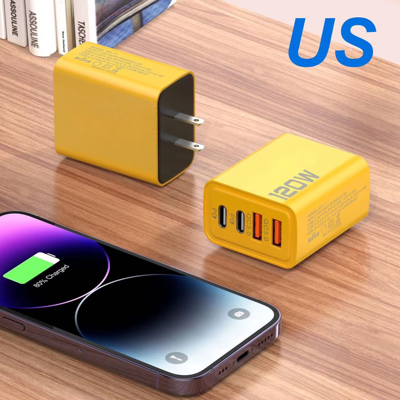 120W dual PD+dual USB multi port charger suitable for Huawei, Apple, Android phones, European, American, British multi port charging heads